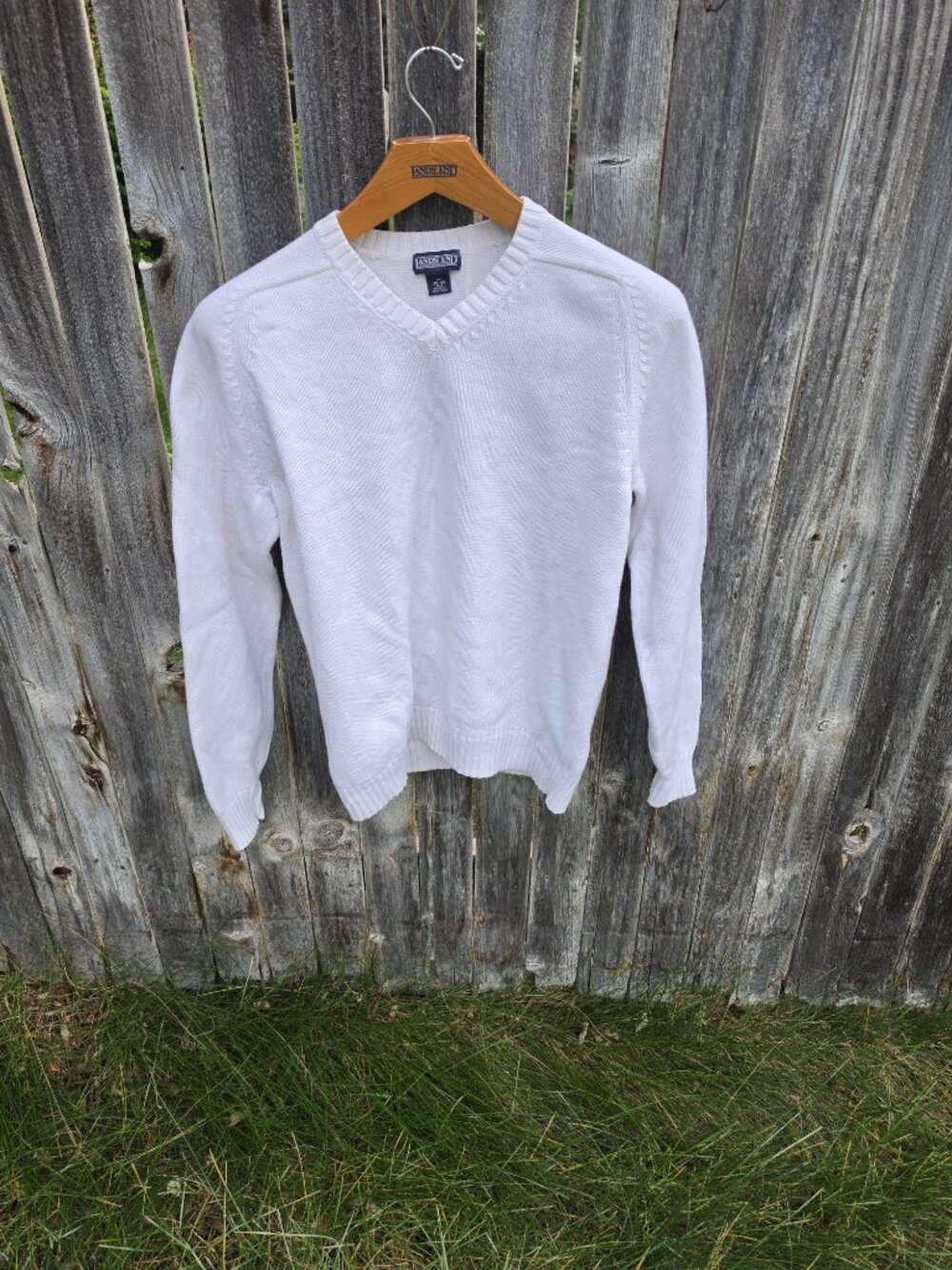 Lands End Drifter V-Neck Cotton Sweater in White Medium-Tall